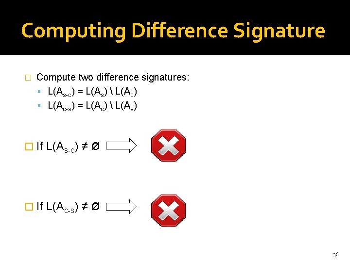 Computing Difference Signature � Compute two difference signatures: L(As-c) = L(As) L(Ac) L(Ac-s) Computing Difference Signature � Compute two difference signatures: L(As-c) = L(As) L(Ac) L(Ac-s)