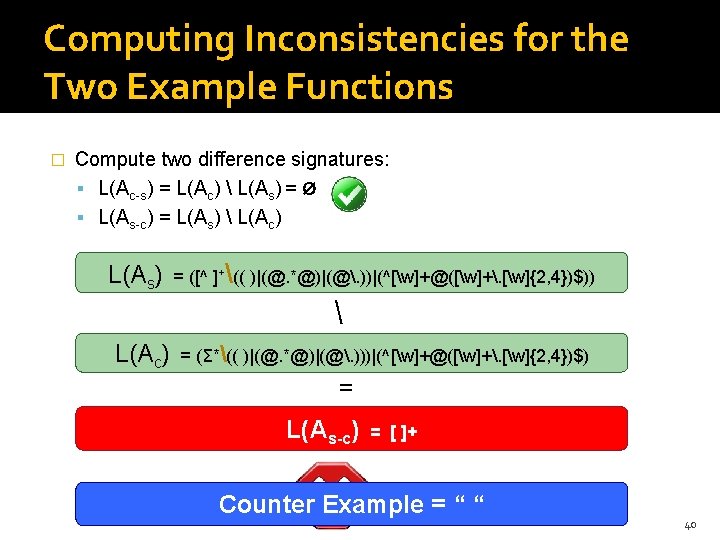 Computing Inconsistencies for the Two Example Functions � Compute two difference signatures: L(Ac-s) = Computing Inconsistencies for the Two Example Functions � Compute two difference signatures: L(Ac-s) =