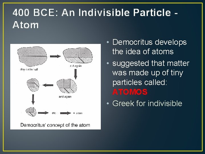 400 BCE: An Indivisible Particle Atom • Democritus develops the idea of atoms •