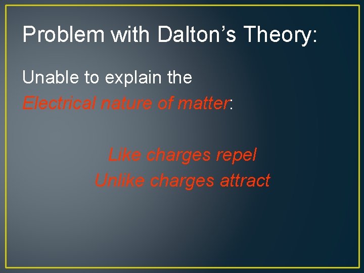 Problem with Dalton’s Theory: Unable to explain the Electrical nature of matter: Like charges