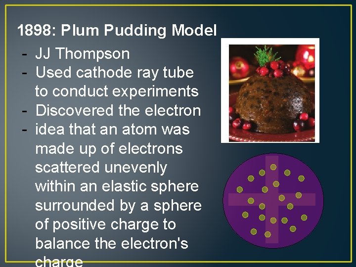 1898: Plum Pudding Model - JJ Thompson - Used cathode ray tube to conduct