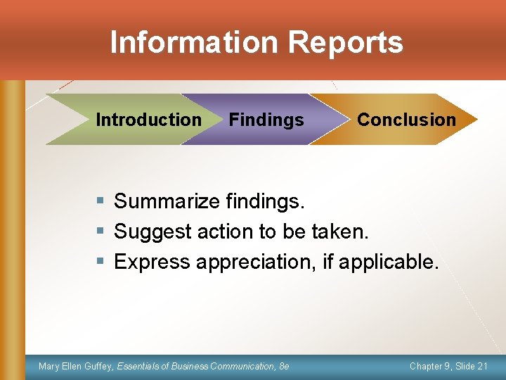 Information Reports Introduction Findings Conclusion § Summarize findings. § Suggest action to be taken.