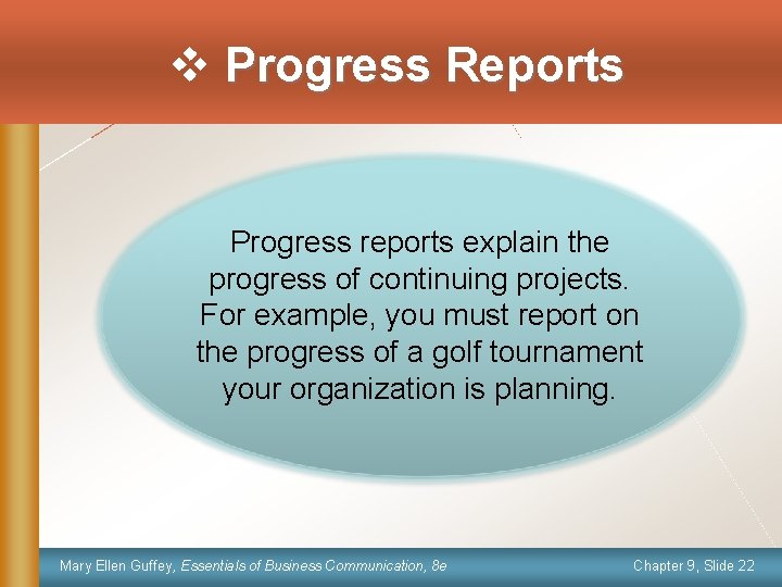  Progress Reports Progress reports explain the progress of continuing projects. For example, you