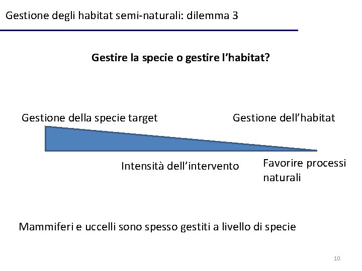 Gestione degli habitat semi-naturali: dilemma 3 Gestire la specie o gestire l’habitat? Gestione della