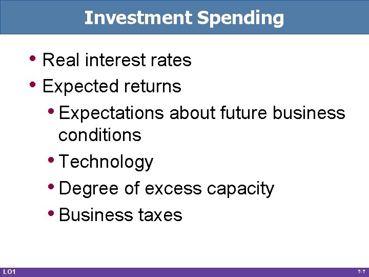 Investment Spending • Real interest rates • Expected returns • Expectations about future business