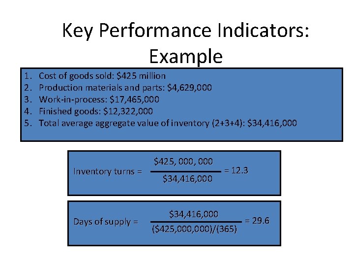 Key Performance Indicators: Example 1. 2. 3. 4. 5. Cost of goods sold: $425 Key Performance Indicators: Example 1. 2. 3. 4. 5. Cost of goods sold: $425