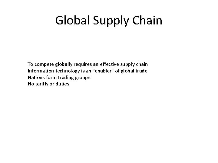 Global Supply Chain To compete globally requires an effective supply chain Information technology is Global Supply Chain To compete globally requires an effective supply chain Information technology is