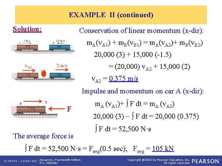 EXAMPLE II (continued) Solution: Conservation of linear momentum (x-dir): m. A(v. A 1) +