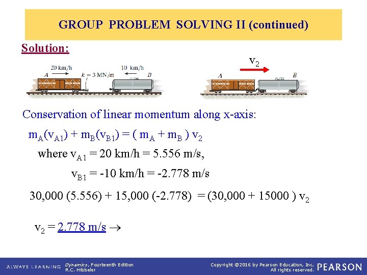 GROUP PROBLEM SOLVING II (continued) Solution: v 2 Conservation of linear momentum along x-axis: