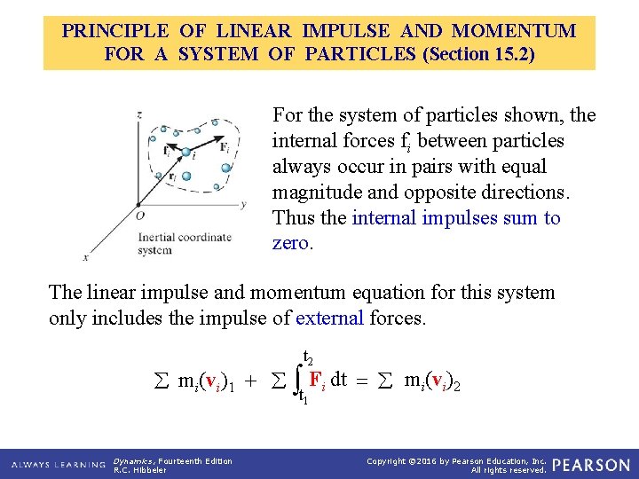 PRINCIPLE OF LINEAR IMPULSE AND MOMENTUM FOR A SYSTEM OF PARTICLES (Section 15. 2)