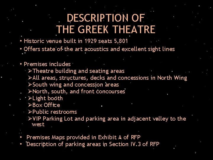 DESCRIPTION OF THE GREEK THEATRE • Historic venue built in 1929 seats 5, 801