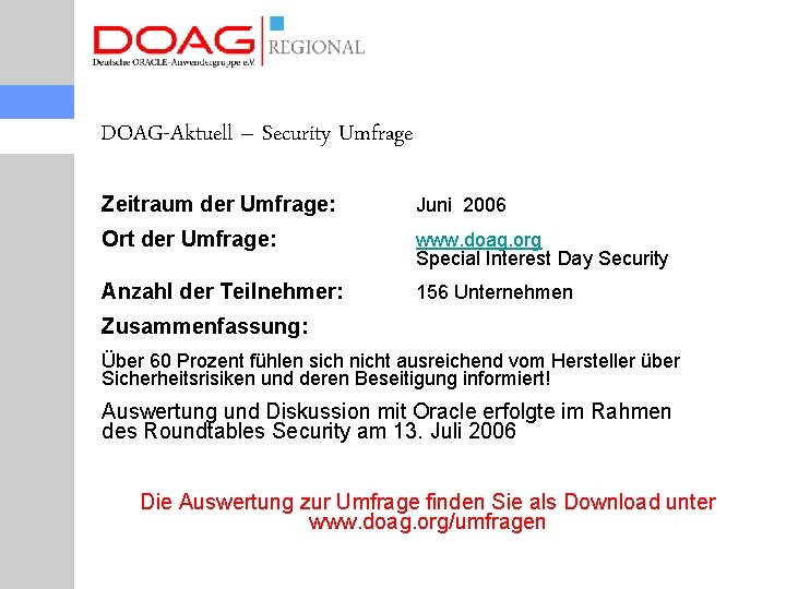 DOAG-Aktuell – Security Umfrage Zeitraum der Umfrage: Juni 2006 Ort der Umfrage: www. doag.