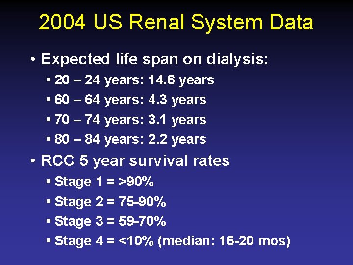 2004 US Renal System Data • Expected life span on dialysis: § 20 –