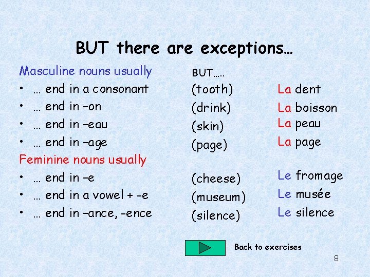 BUT there are exceptions… Masculine nouns usually • … end in a consonant •