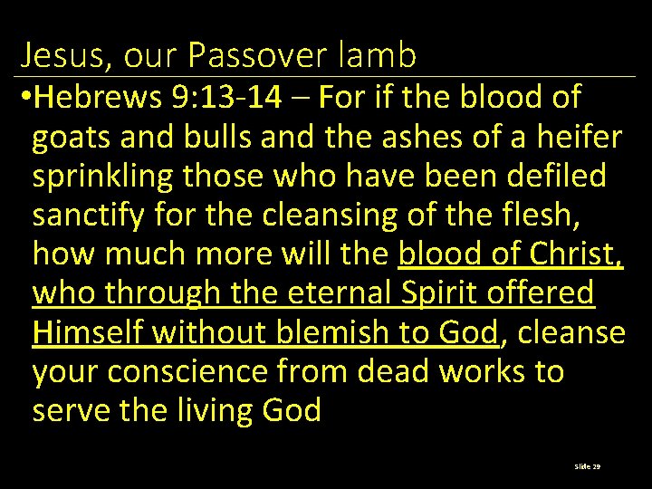 Jesus, our Passover lamb • Hebrews 9: 13 -14 – For if the blood