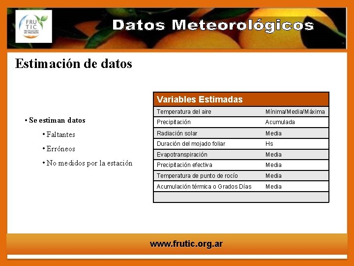 Estimación de datos Variables Estimadas • Se estiman datos • Faltantes • Erróneos •