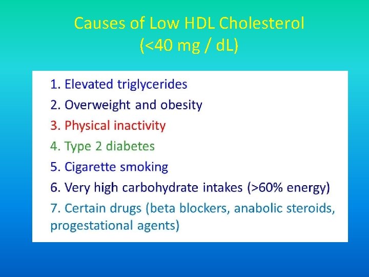 Causes of Low HDL Cholesterol (<40 mg / d. L) 