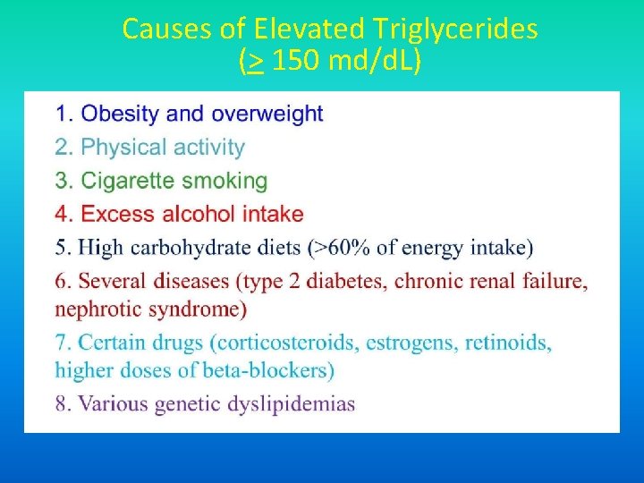 Causes of Elevated Triglycerides (> 150 md/d. L) 