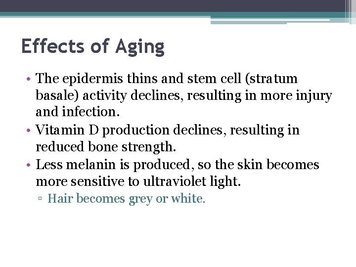 Effects of Aging • The epidermis thins and stem cell (stratum basale) activity declines,