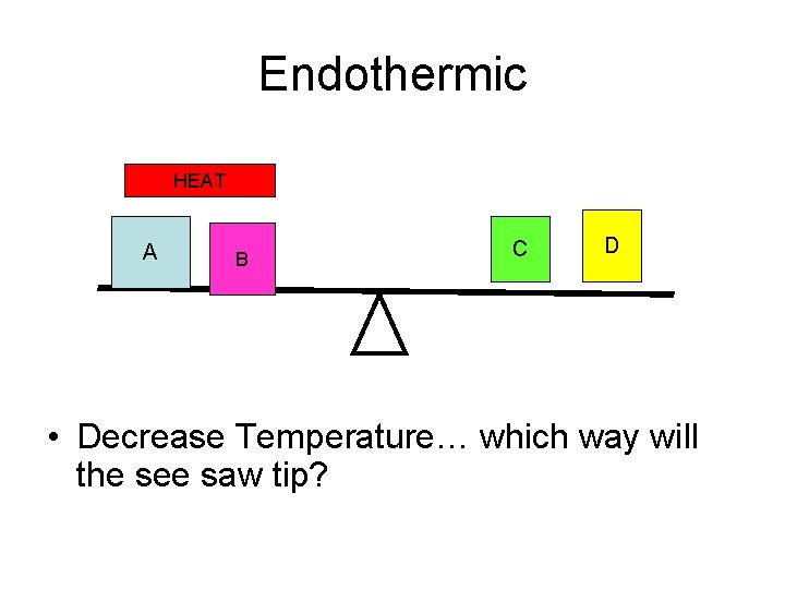 Endothermic HEAT A B C D • Decrease Temperature… which way will the see