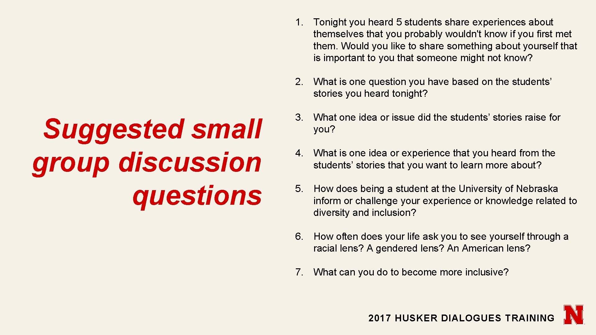 1. Tonight you heard 5 students share experiences about themselves that you probably wouldn't