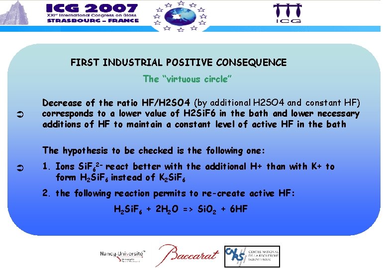 FIRST INDUSTRIAL POSITIVE CONSEQUENCE The “virtuous circle” Decrease of the ratio HF/H 2 SO
