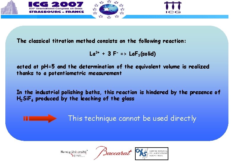 The classical titration method consists on the following reaction: La 3+ + 3 F-