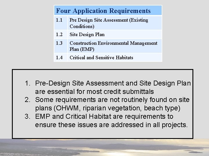 Four Application Requirements 1. 1 Pre Design Site Assessment (Existing Conditions) 1. 2 Site