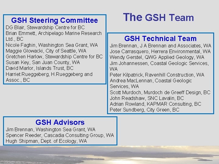 The GSH Team GSH Steering Committee DG Blair, Stewardship Centre for BC Brian Emmett,