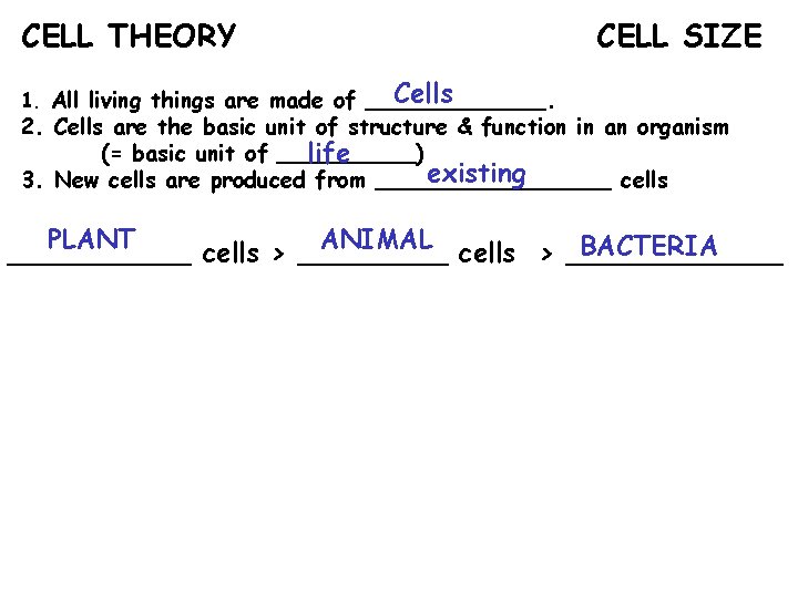 CELL THEORY CELL SIZE Cells 1. All living things are made of _______. 2.