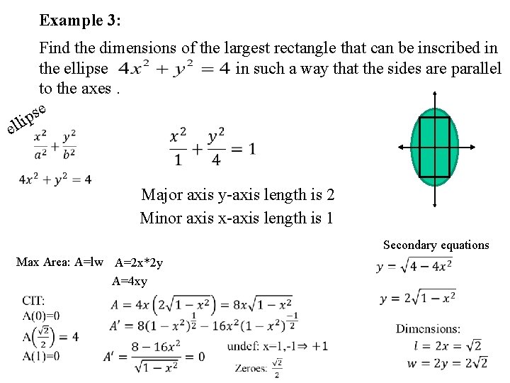 Example 3: Find the dimensions of the largest rectangle that can be inscribed in