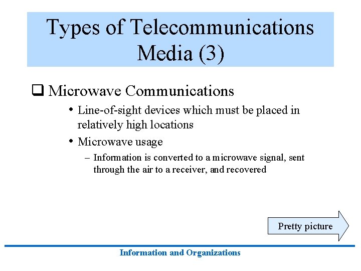 Types of Telecommunications Media (3) q Microwave Communications • Line-of-sight devices which must be