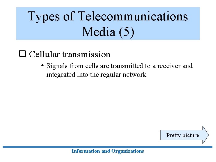 Types of Telecommunications Media (5) q Cellular transmission • Signals from cells are transmitted