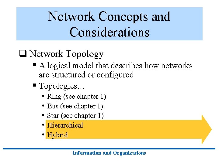 Network Concepts and Considerations q Network Topology § A logical model that describes how