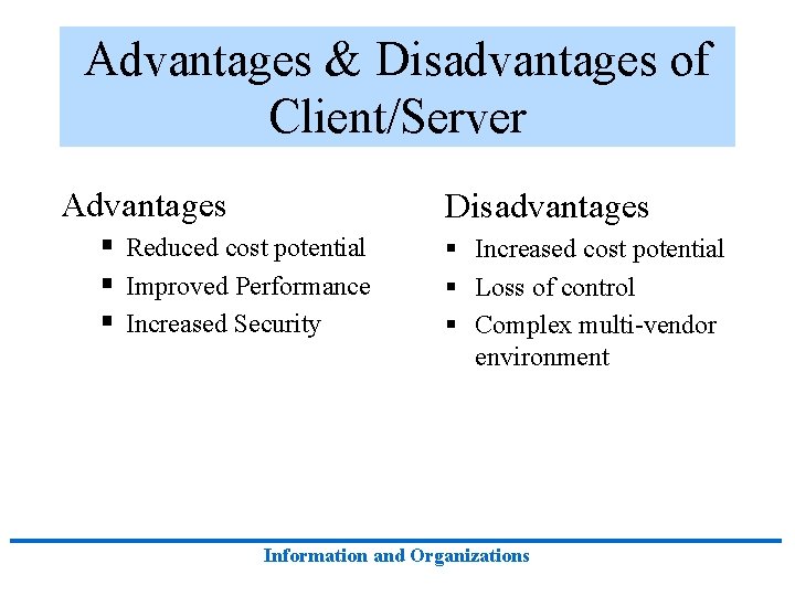 Advantages & Disadvantages of Client/Server Advantages Disadvantages § Reduced cost potential § Improved Performance