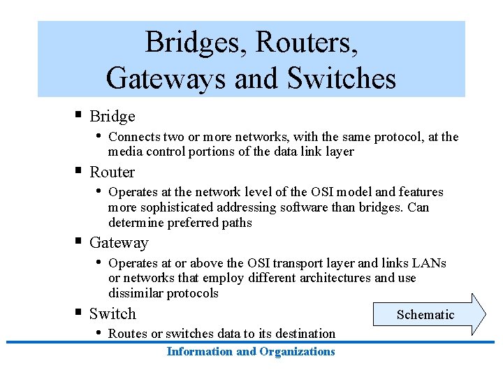 Bridges, Routers, Gateways and Switches § Bridge • Connects two or more networks, with