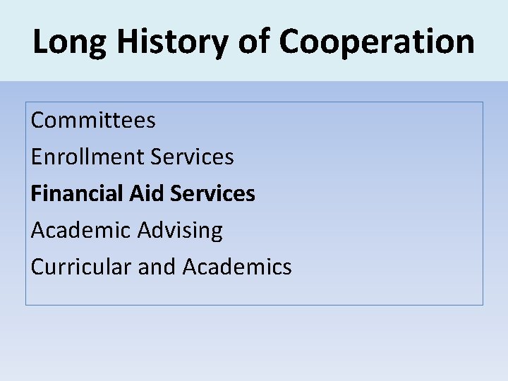 Long History of Cooperation Committees Enrollment Services Financial Aid Services Academic Advising Curricular and