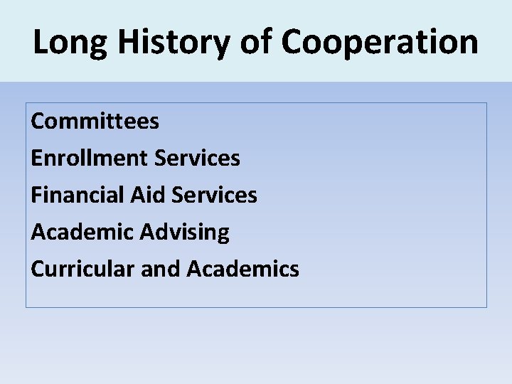 Long History of Cooperation Committees Enrollment Services Financial Aid Services Academic Advising Curricular and