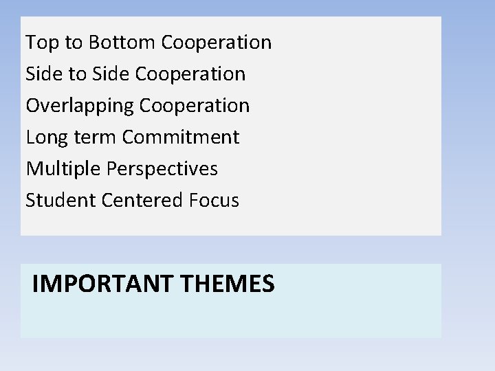 Top to Bottom Cooperation Side to Side Cooperation Overlapping Cooperation Long term Commitment Multiple