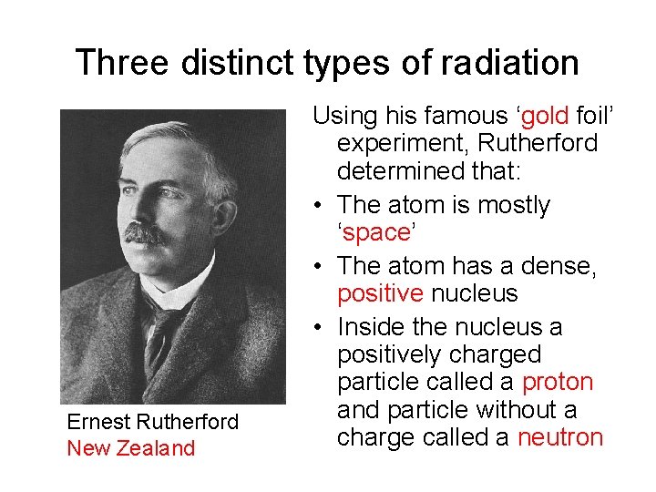 Three distinct types of radiation Ernest Rutherford New Zealand Using his famous ‘gold foil’