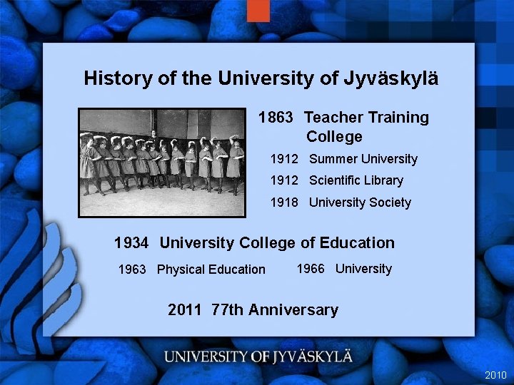 History of the University of Jyväskylä 1863 Teacher Training College 1912 Summer University 1912