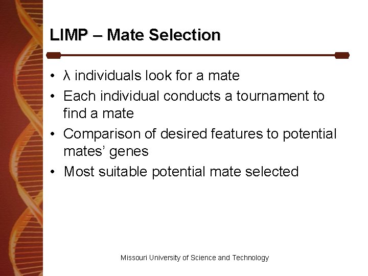 LIMP – Mate Selection • λ individuals look for a mate • Each individual