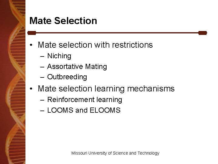 Mate Selection • Mate selection with restrictions – Niching – Assortative Mating – Outbreeding
