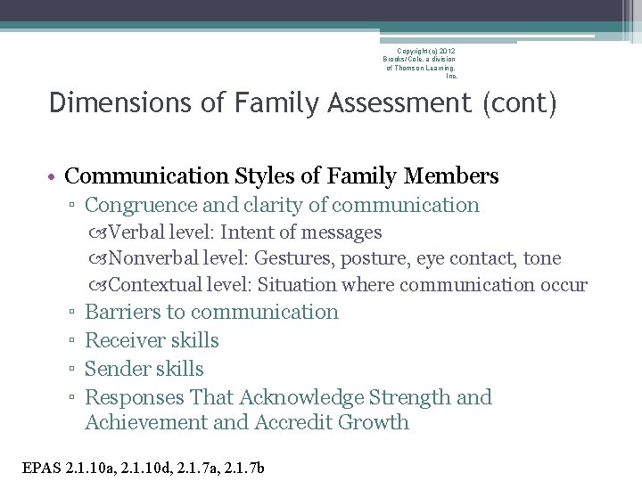 Copyright (c) 2012 Brooks/Cole, a division of Thomson Learning, Inc. Dimensions of Family Assessment