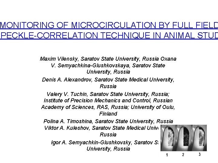 MONITORING OF MICROCIRCULATION BY FULL FIELD SPECKLE-CORRELATION TECHNIQUE IN ANIMAL STUD Maxim Vilensky, Saratov