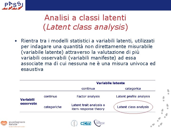 Analisi a classi latenti (Latent class analysis) • Rientra i modelli statistici a variabili