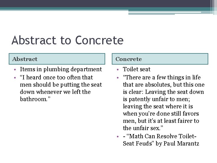 Abstract to Concrete Abstract Concrete • Items in plumbing department • “I heard once Abstract to Concrete Abstract Concrete • Items in plumbing department • “I heard once