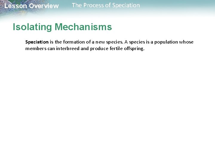 Lesson Overview The Process of Speciation Isolating Mechanisms Speciation is the formation of a