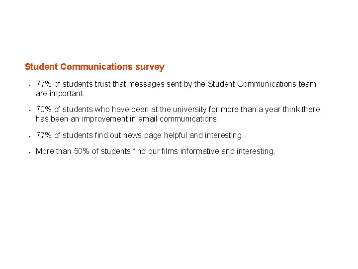 What’s gone well Student Communications survey • • 77% of students trust that messages