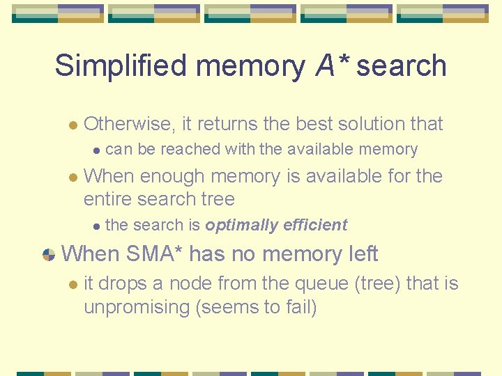 Simplified memory A* search l Otherwise, it returns the best solution that l l